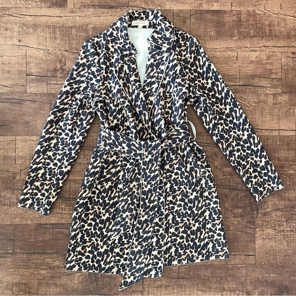 Solitaire Animal Leopard Faux Suede Trench Coat
